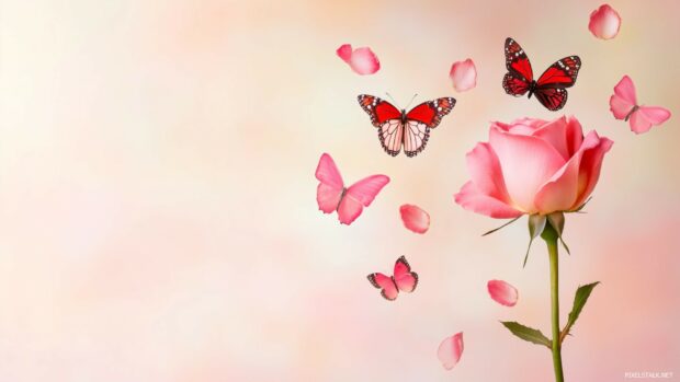 Flowers Desktop Wallpaper with butterflies fluttering around a single rose.