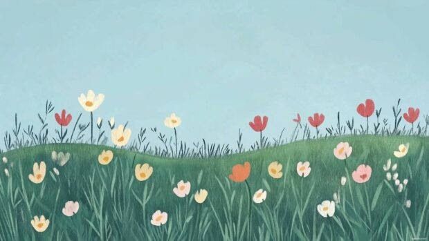 Flowers Spring scene with soft pastel flowers blooming on a grassy hill under a clear blue sky.