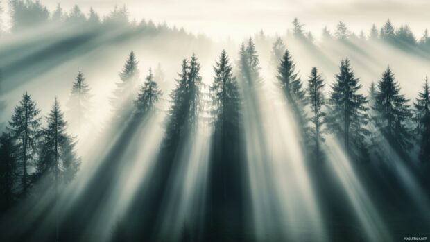 Fog covered forest HD wallpaper with tall pines standing still in the mist, subtle rays of light filtering through the haze.