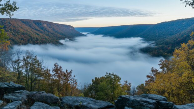 Fog rolling through deep blue Mountain valleys.