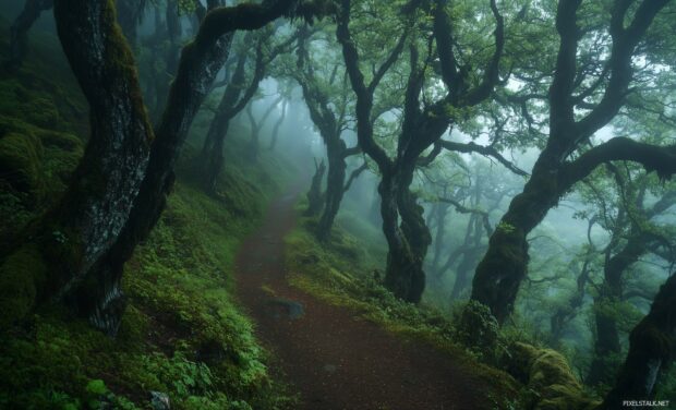 Foggy Forest Background with fog covered path framed by towering trees with delicate branches fading into the mist.