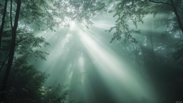 Foggy forest 4K Wallpaper with soft sunlight breaking through the mist.