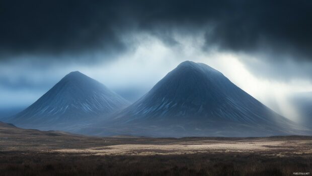 Foreboding mountains cloaked in darkness, with eerie light breaking through heavy clouds.