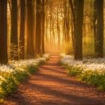 Forest Desktop Background with a charming forest path surrounded by tall, leafy trees, blooming wildflowers.