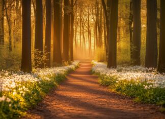 Forest Desktop Background with a charming forest path surrounded by tall, leafy trees, blooming wildflowers.