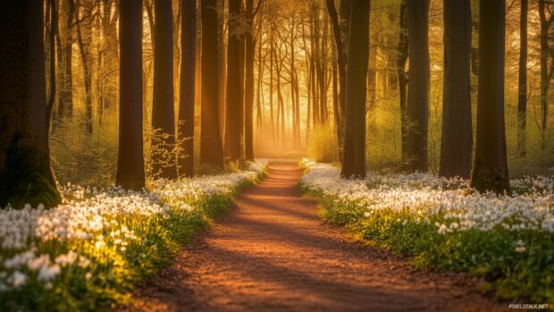 Forest Desktop Background with a charming forest path surrounded by tall, leafy trees, blooming wildflowers.