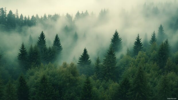 Forest Desktop Wallpaper with layers of fog drifting among the trees.