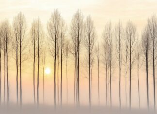 Forest HD Wallpaper  with minimalist view of a misty forest at dawn.