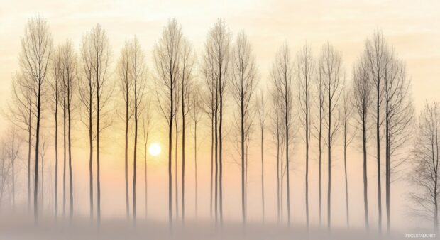 Forest HD Wallpaper  with minimalist view of a misty forest at dawn.