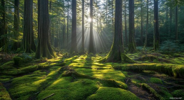 Forest HD Wallpaper with tall, majestic trees, soft rays of light filtering through the dense canopy, and a carpet of vibrant green moss.