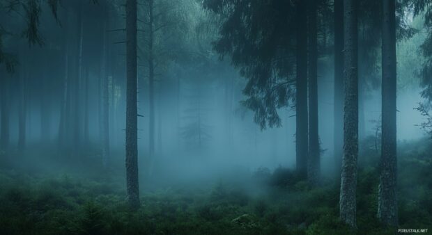 Forest HD wallpaper with thick fog rolling between the trees.