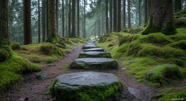 Forest Wallpaper HD with elegant forest path lined with moss covered stones, leading through a peaceful grove of tall trees.