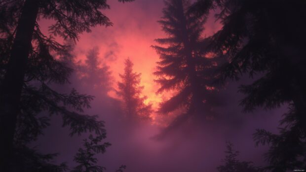 Forest Wallpaper HD with peaceful forest landscape at dusk, with soft purple and orange skies peeking through the treetops.