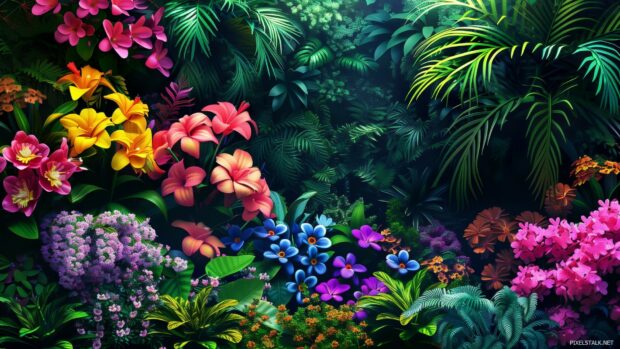 Free HD Backgrounds 1920×1080 with a cool 3D rendering of vibrant flowers blooming in a lush, colorful garden.