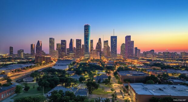 Free HD Wallpaper for Windows 10 with a minimalist urban skyline at dusk, with lights starting to twinkle in the buildings against a deepening blue sky.