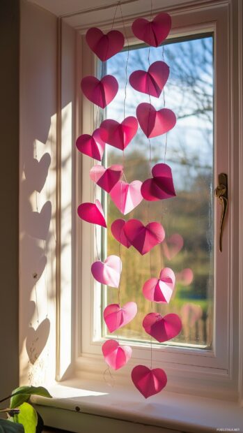 Free Valentine Day Wallpaper with a delicate pink paper heart garland hanging in a sunlit window, creating gentle, romantic shadows.