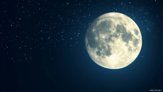 Free download 1920x1080 wallpaper with a glowing full moon on a deep navy blue sky, clean lines, and subtle gradients for an elegant night theme.