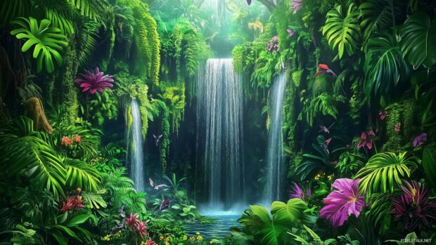 Free download 3D Desktop Wallpaper with dense rainforest with cascading waterfalls, vibrant wildlife, and misty green foliage.