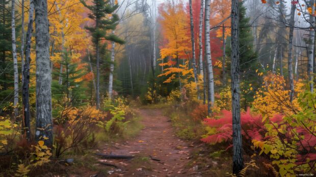 Free download Autumn tree wallpaper with pathway through a forest of fall trees.