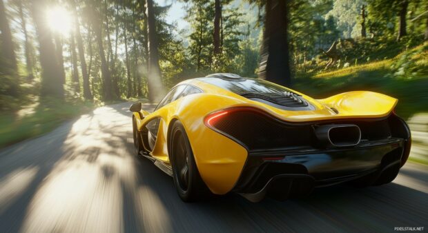 Free download Best Car Wallpaper with a McLaren P1 in a high speed chase, captured from a low angle with motion blur, emphasizing its sleek lines and power.