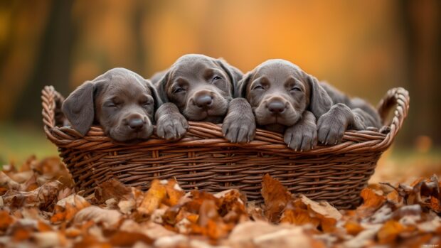 Free download Dog Wallpaper HD with a group of puppies cuddling together in a wicker basket.