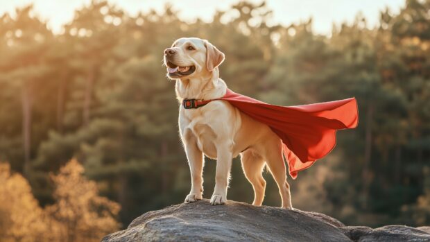 Free download Dog wallpaper 4K with a Labrador Retriever wearing a superhero cape, standing triumphantly on a rock.