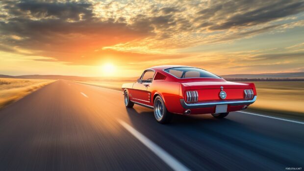 Free download Live Car Wallpaper with a classic 1960s Ford Mustang GT in red, cruising down an open highway with a dramatic sunset in the background.