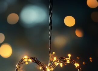 Free download Love Wallpaper HD with a simple, elegant heart design made from string lights, glowing warmly in a darkened room, symbolizing love and warmth.