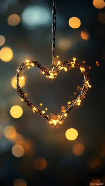 Free download Love Wallpaper HD with a simple, elegant heart design made from string lights, glowing warmly in a darkened room, symbolizing love and warmth.