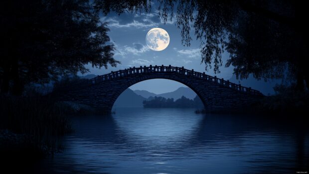 Free download Moon HD Desktop Wallpaper with an ancient stone bridge crossing a river, bathed in gentle moonlight, with the silhouette of trees and hills in the background.