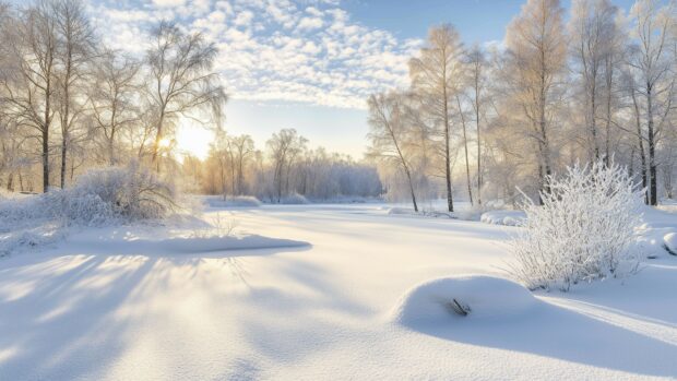 Free download the Best Laptop Wallpaper with snow covered trees and branches in a tranquil winter forest, with soft sunlight.