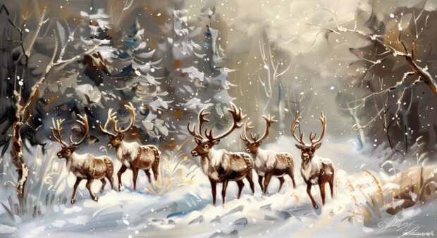 Free download winter computer wallpaper with a herd of reindeer in the snow.