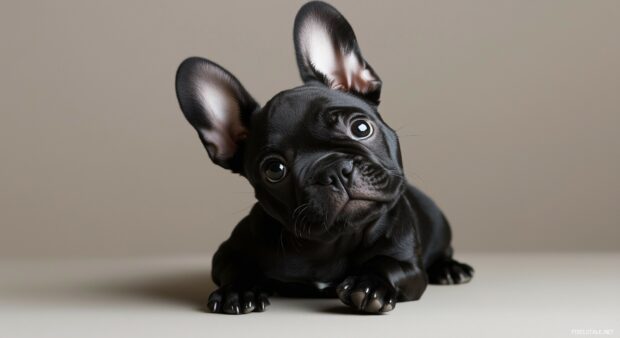 French Black Bulldog with a playful expression, posing against a clean, minimalist backdrop.