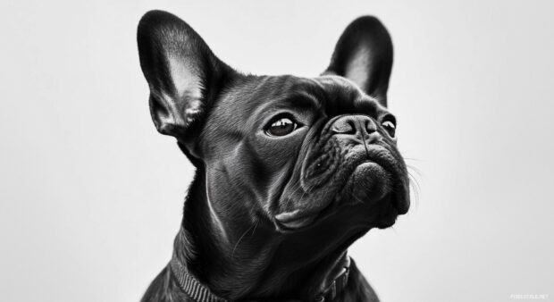 French Bulldog Desktop Wallpaper with a simple, sophisticated collar, against a minimalist, white background with soft lighting.