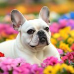 French Bulldog exploring a vibrant flower garden, with colorful blooms in the background.