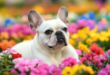 French Bulldog exploring a vibrant flower garden, with colorful blooms in the background.