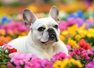 French Bulldog exploring a vibrant flower garden, with colorful blooms in the background.