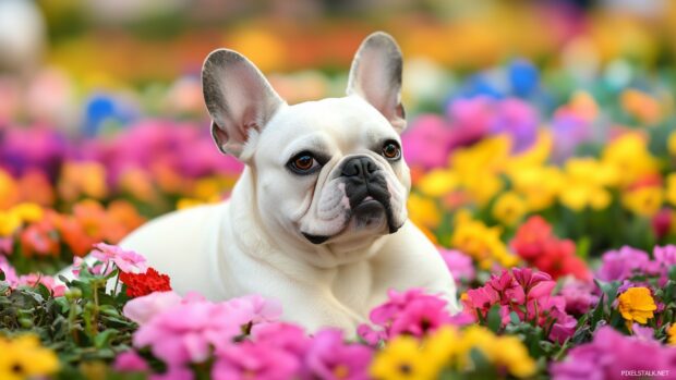 French Bulldog exploring a vibrant flower garden, with colorful blooms in the background.