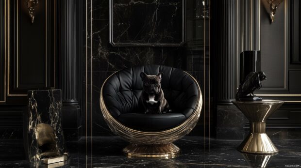 French Bulldog in a refined setting with clean lines and subtle textures, Black dog wallpaper.