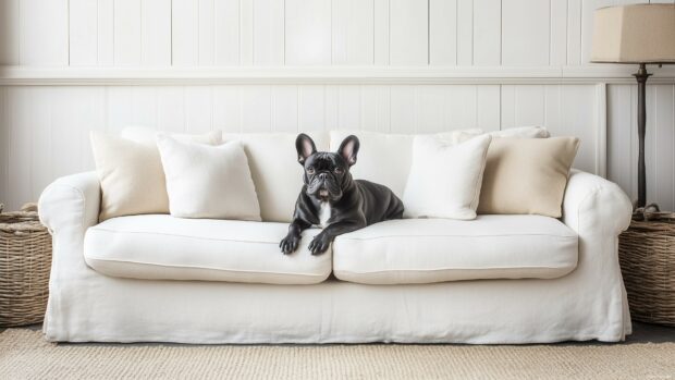 French Bulldog in a refined setting with clean lines and subtle textures, featuring a light, elegant color palette.