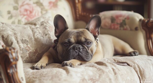 French Bulldog lounging on a stylish couch, surrounded by chic decor.