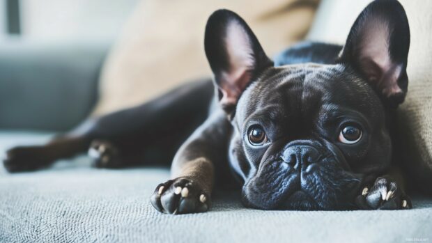 French Bulldog resting on a sleek, modern sofa with a neutral toned backdrop.