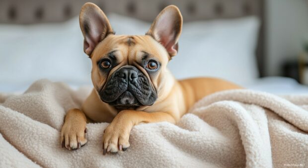 French Bulldog snuggled up in a warm blanket, with a softly lit, cozy room in the background.