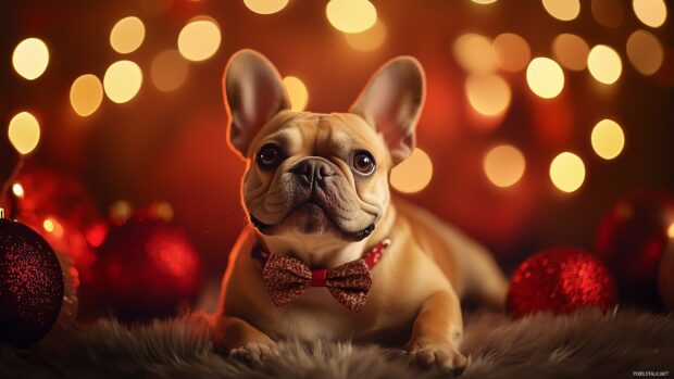 French Bulldog wearing a cute bowtie, sitting on a cozy rug with a festive background.