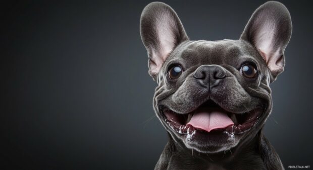 French Bulldog with a playful expression, posing against a clean, minimalist backdrop.