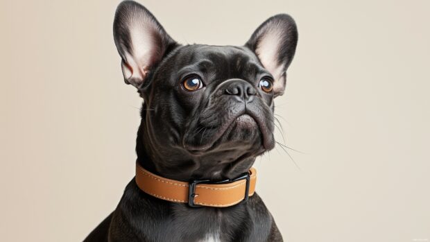 French Bulldog with a simple, sophisticated collar, against a minimalist, white background with soft lighting.