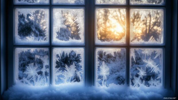 Frost covered window panes with a soft, diffused winter light shining through, creating an elegant and serene atmosphere.