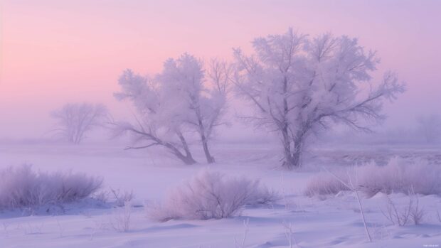 Frosty morning in a winter wonderland with a pink sky.