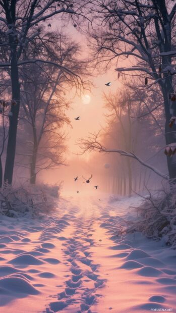 Frosty winter phone wallpaper with a soft pink sunrise illuminating the snow.