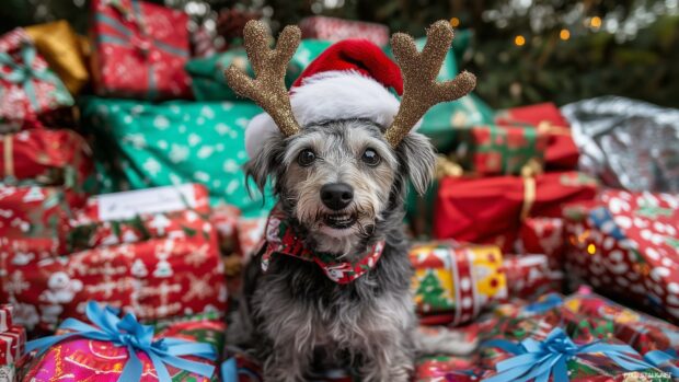 Funny Christmas Desktop Wallpaper with a hilarious moment captured of a dog wearing reindeer antlers and a Santa hat, looking confused while surrounded by wrapped presents and a festive backdrop.